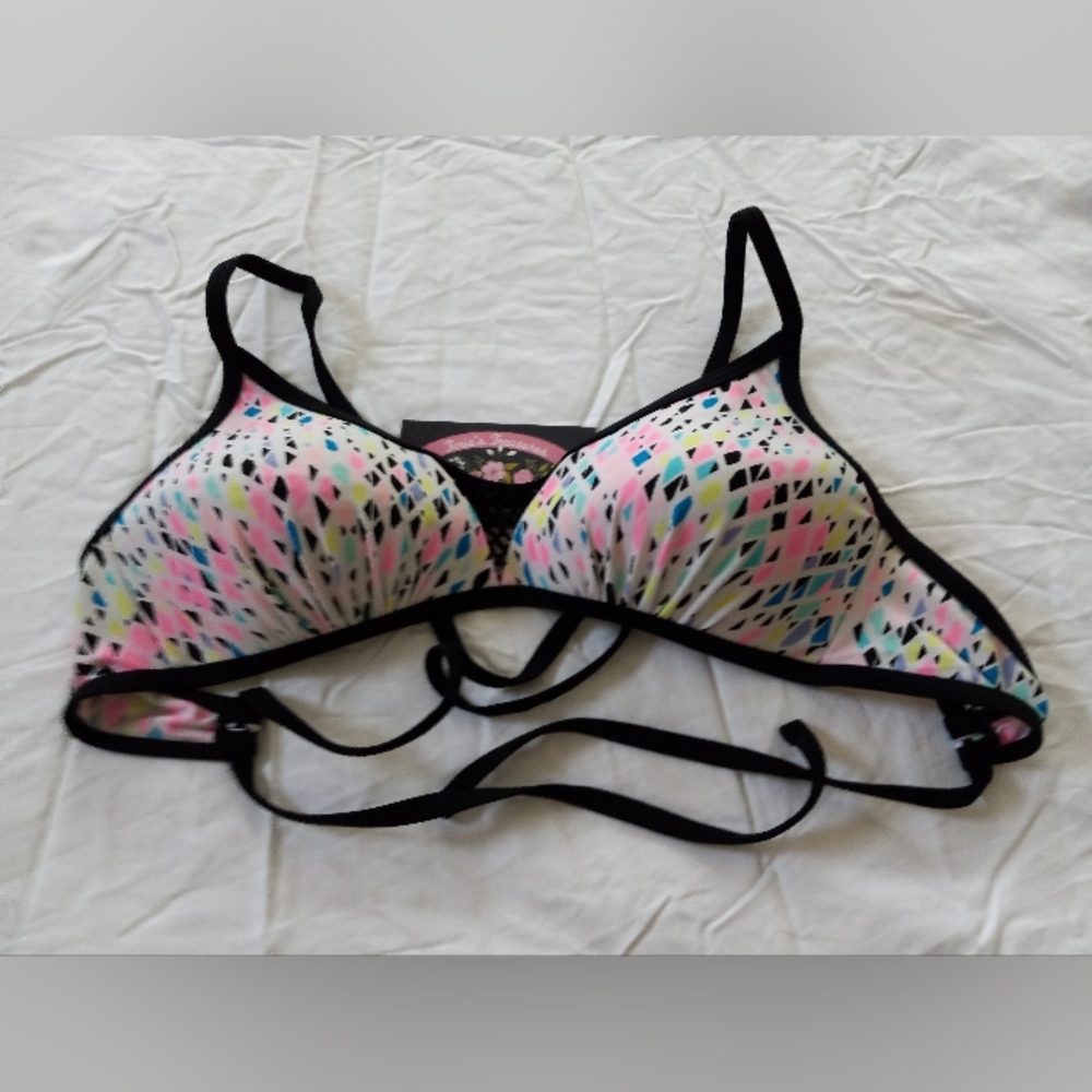 SO bikini top black framed straps confetti patterned white inset sM